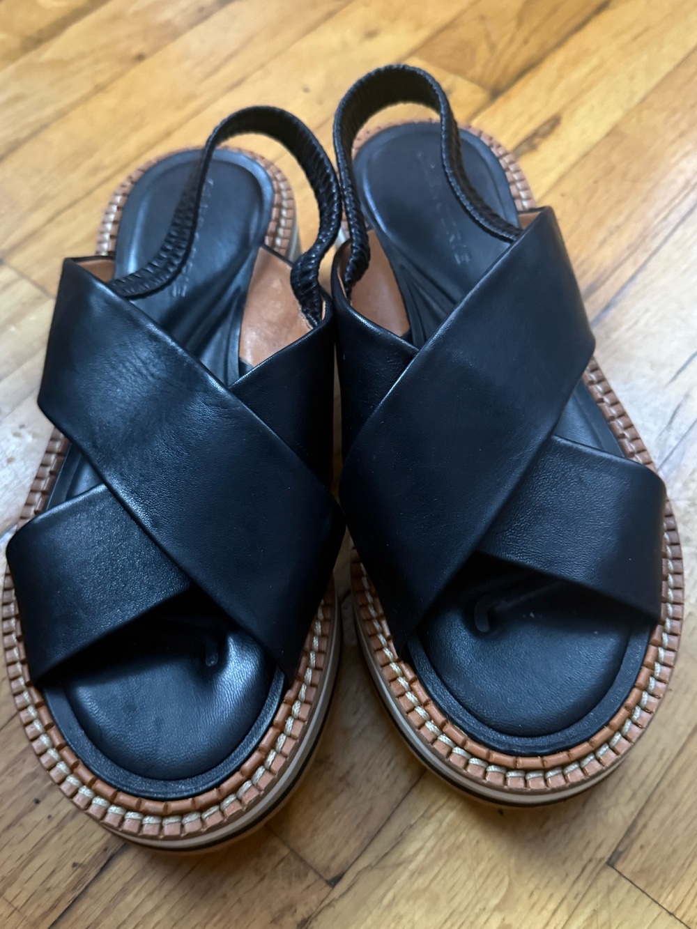 NWOT Clergerie Women Black Leather Cross-Strap Slingback Sandals